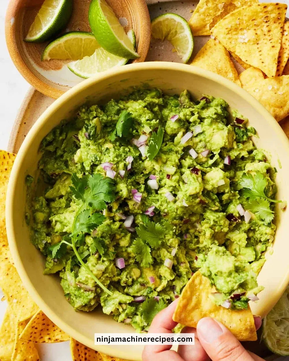 Deliciously fresh homemade guacamole served in a bowl with tortilla chips