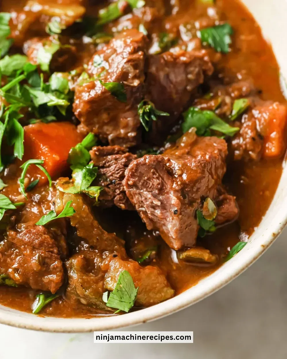 Bowl of hearty low carb keto beef stew with vegetables and herbs