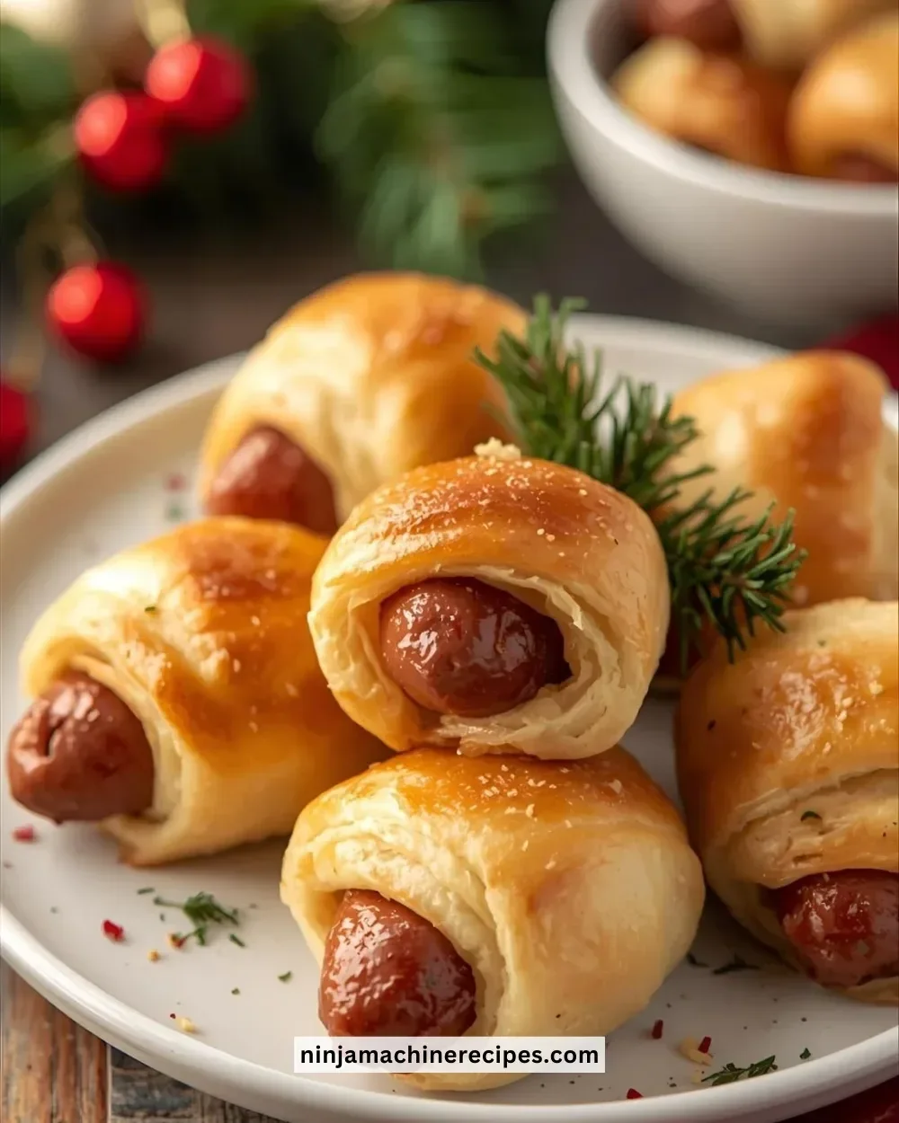 Delicious Holiday Pigs in a Blanket served on a festive platter