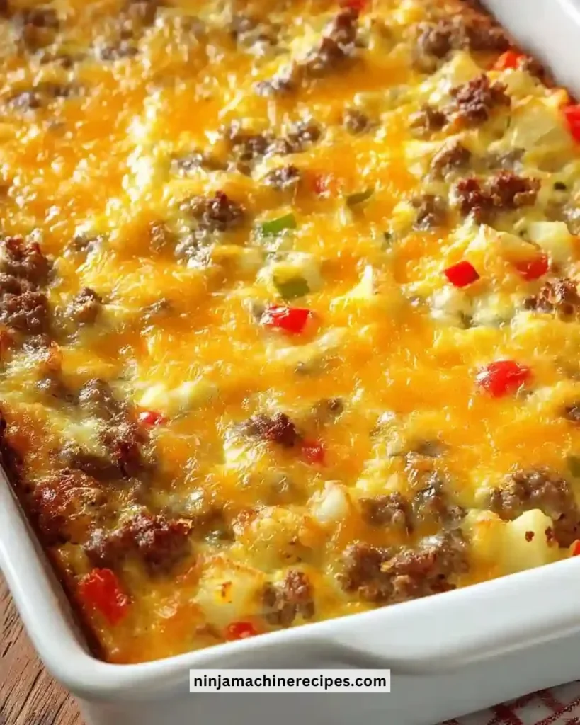 Homemade breakfast casserole with eggs, cheese, and vegetables baked to perfection.