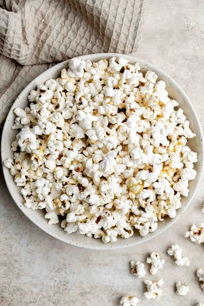Bowl of freshly made homemade popcorn ready to be enjoyed.