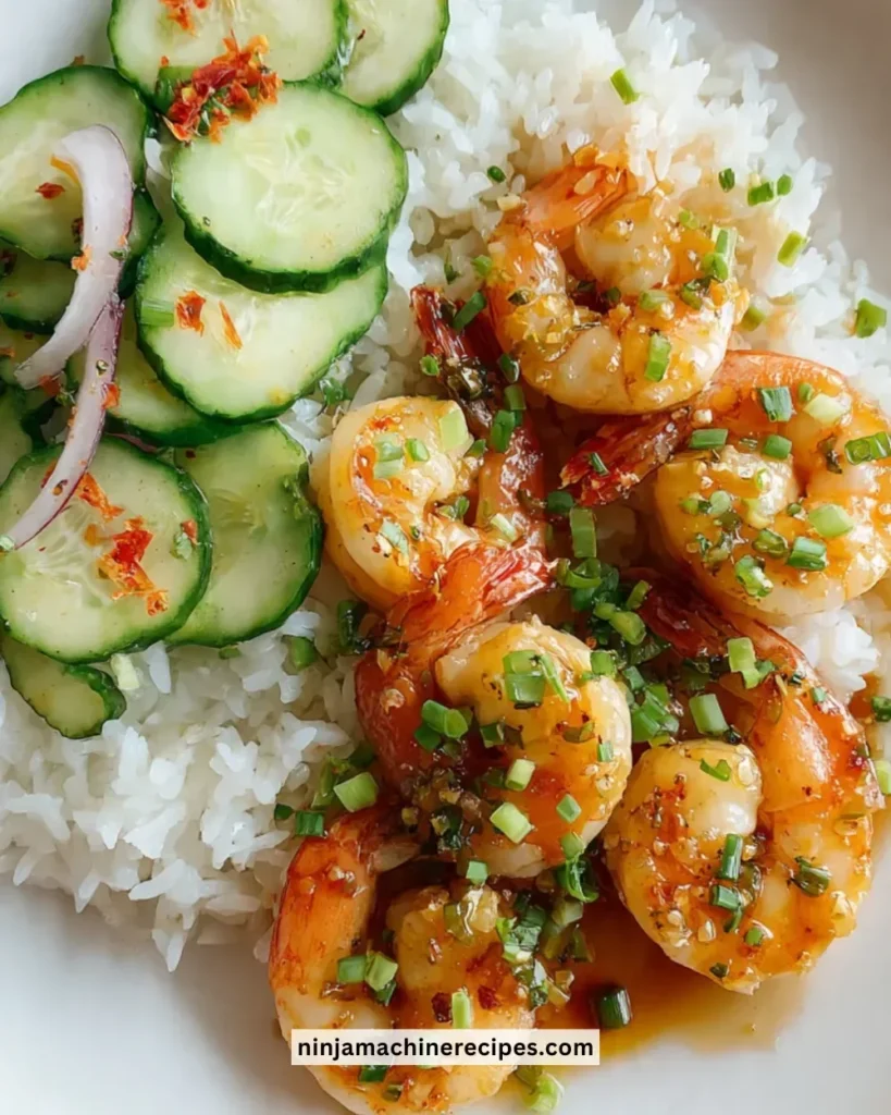 Plate of Honey Garlic Shrimp garnished with green onions and sesame seeds