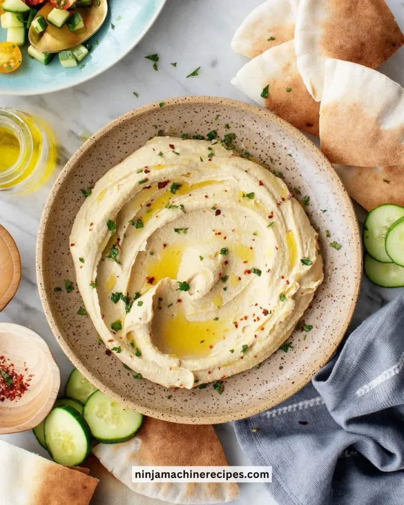 Bowl of creamy hummus garnished with olive oil and parsley, served with pita bread.