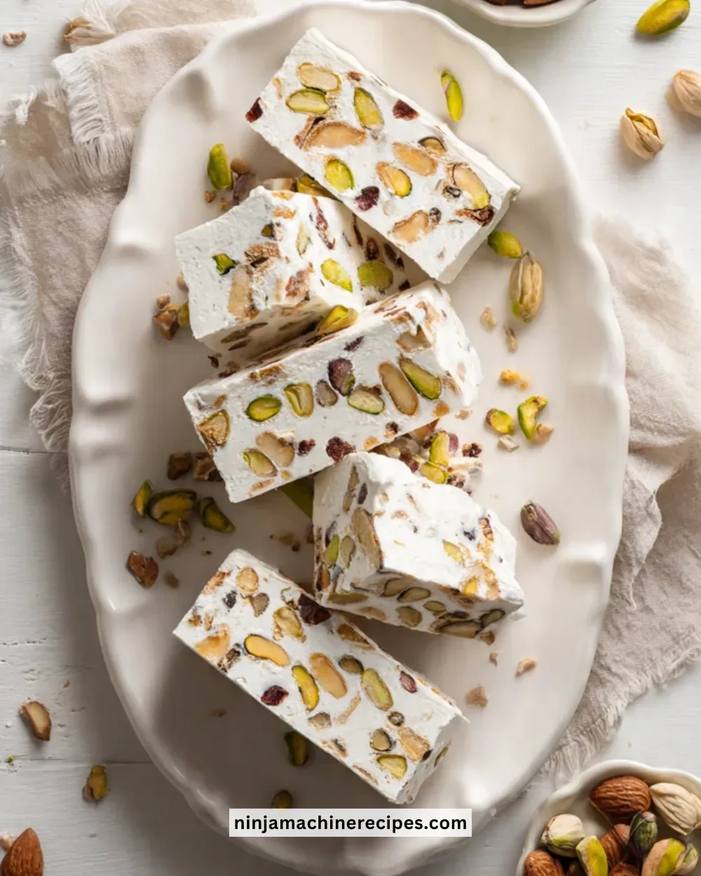 A selection of traditional Italian Nougat with nuts and honey on a wooden table.