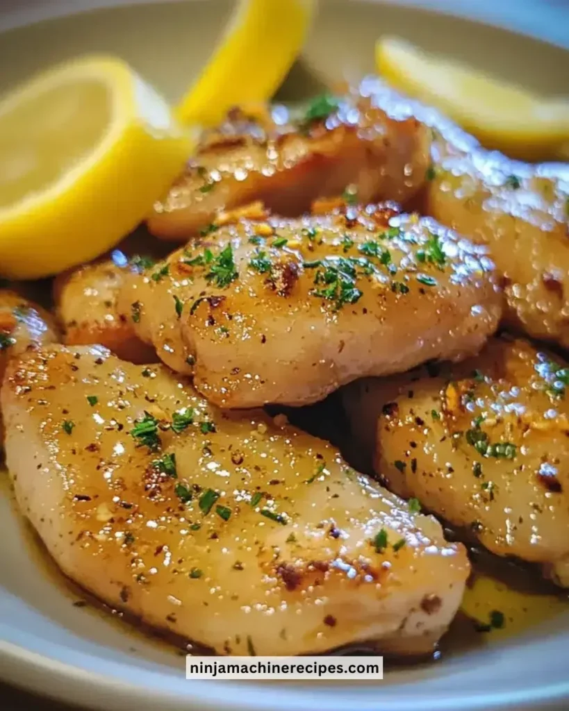 Juicy lemon garlic chicken thigh strips garnished with herbs and served with a side dish