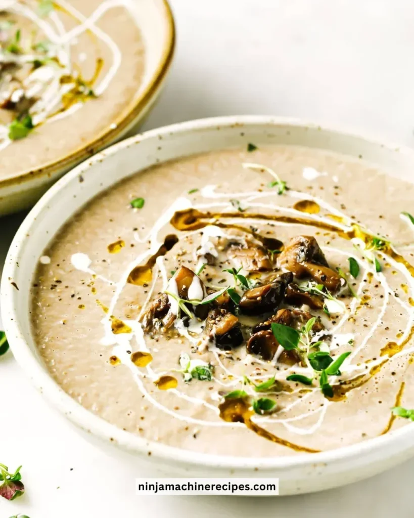 Delicious bowl of creamy Keto Mushroom Soup garnished with herbs