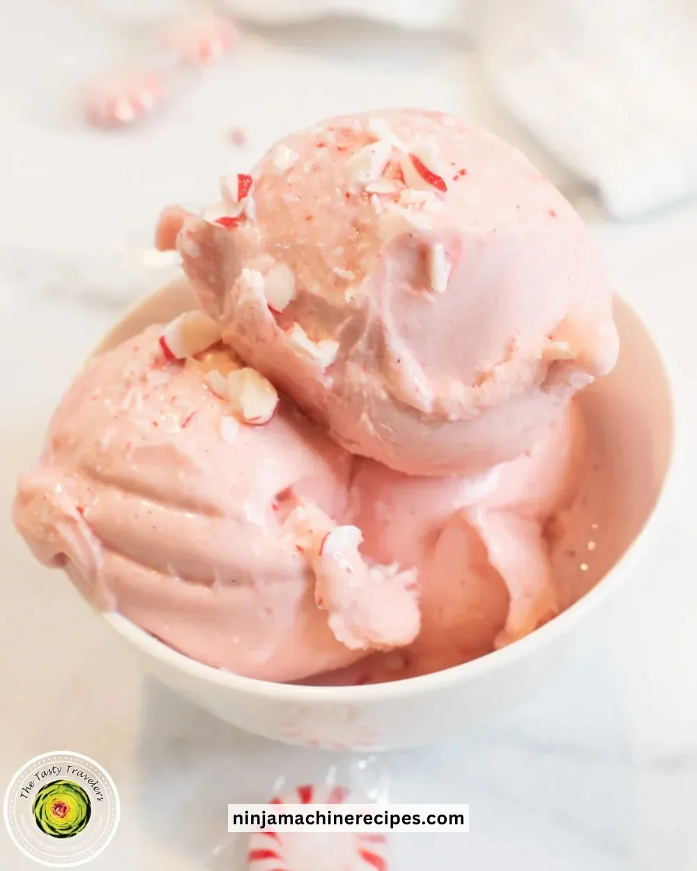 Delicious Ninja Creami peppermint protein ice cream in a bowl, topped with chocolate chips.