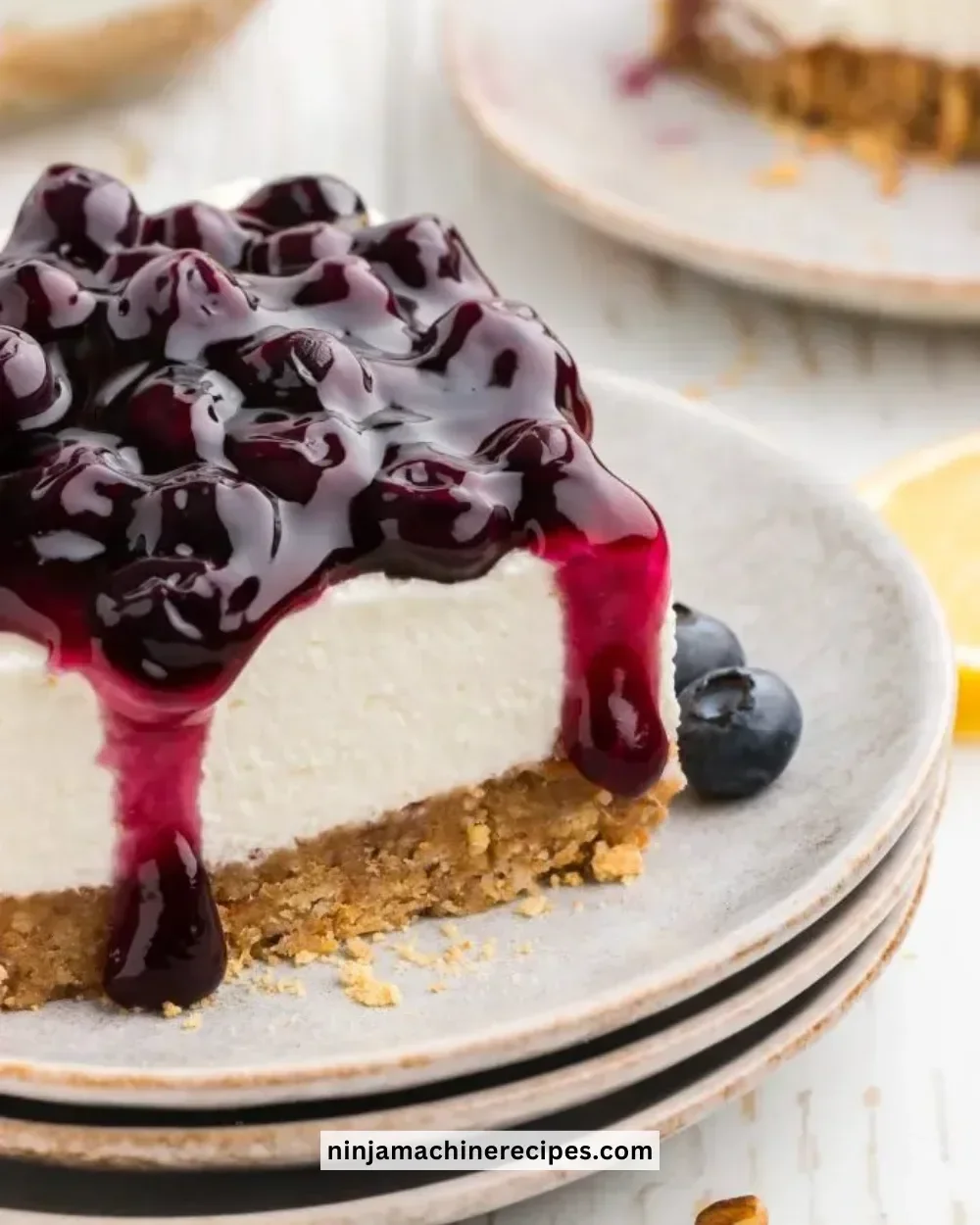 No Bake Blueberry Cheesecake topped with fresh blueberries and a graham cracker crust