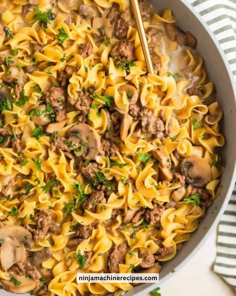 Delicious one-pot beef stroganoff served in a skillet with mushrooms and noodles