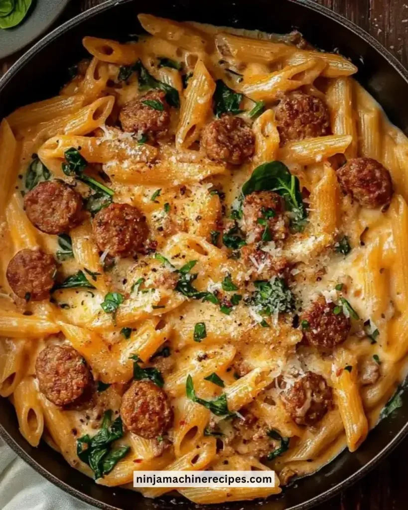 One Pot Creamy Cajun Sausage Pasta served in a bowl