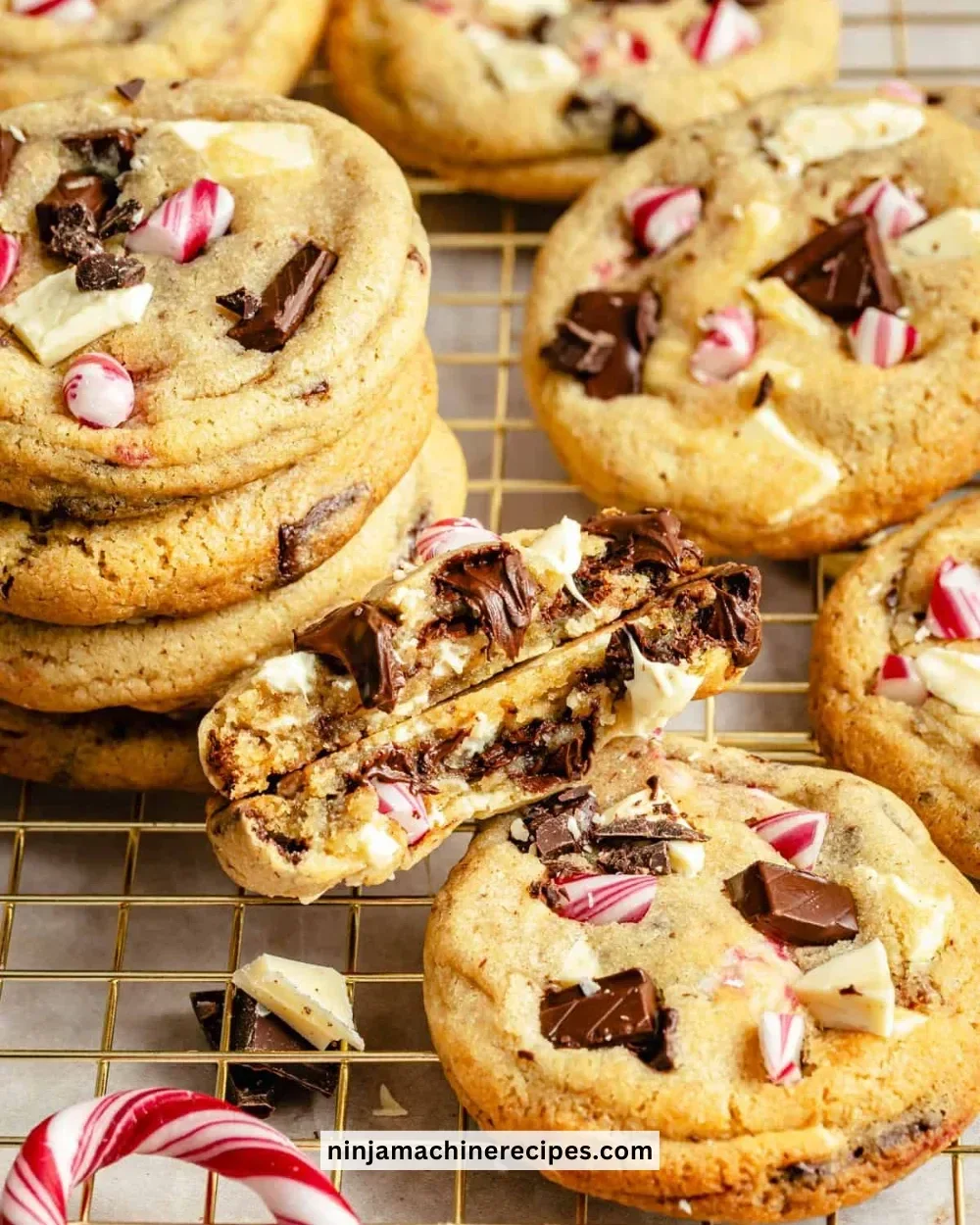 Plate of freshly baked peppermint chocolate chip cookies with festive decorations.