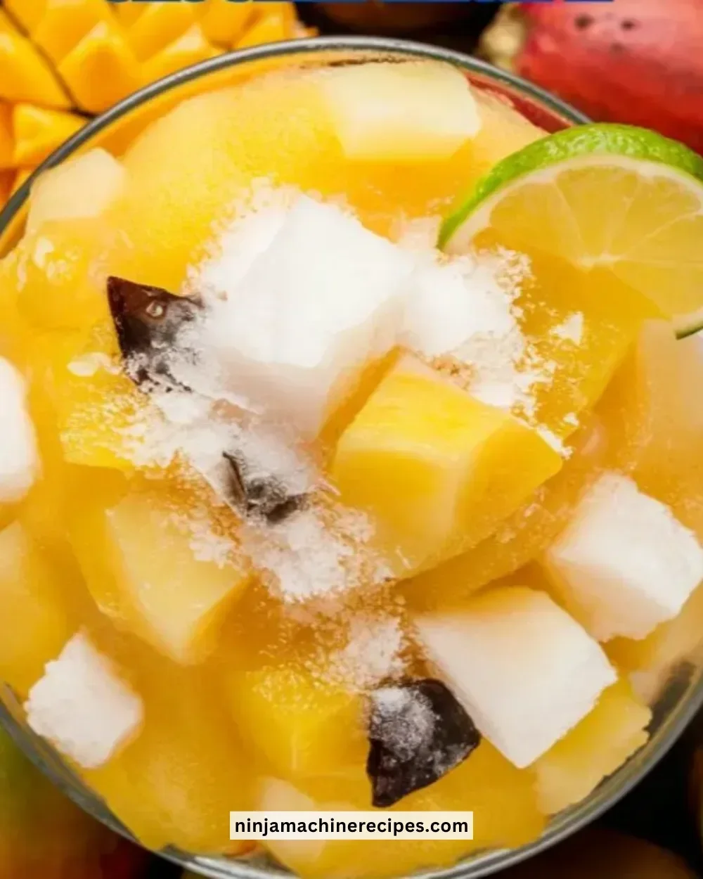 Delicious Pineapple Coconut Slushie in a glass with tropical decorations