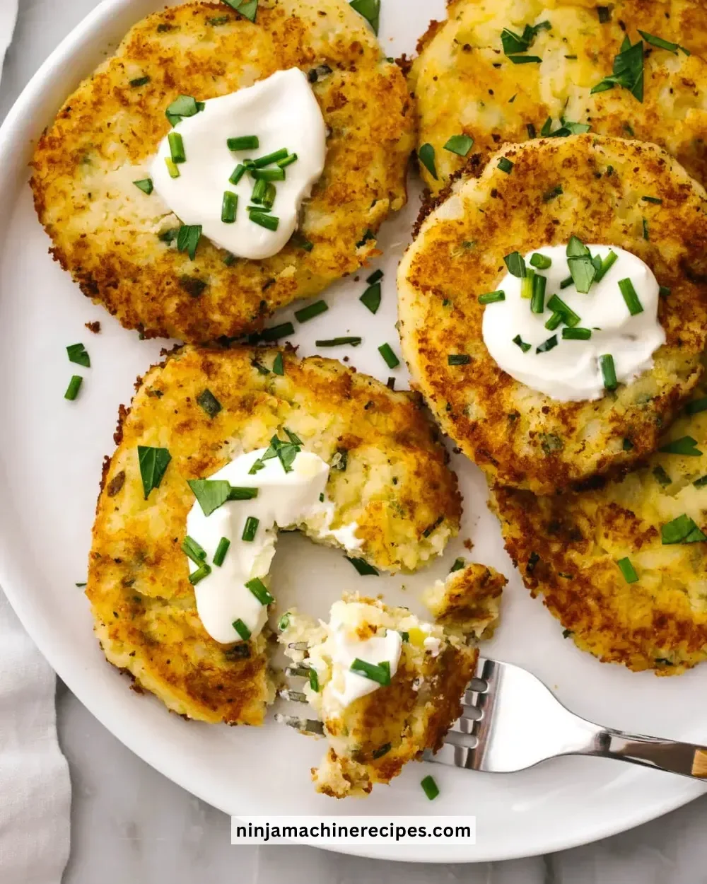 Crispy potato pancakes served on a plate with a side of sour cream