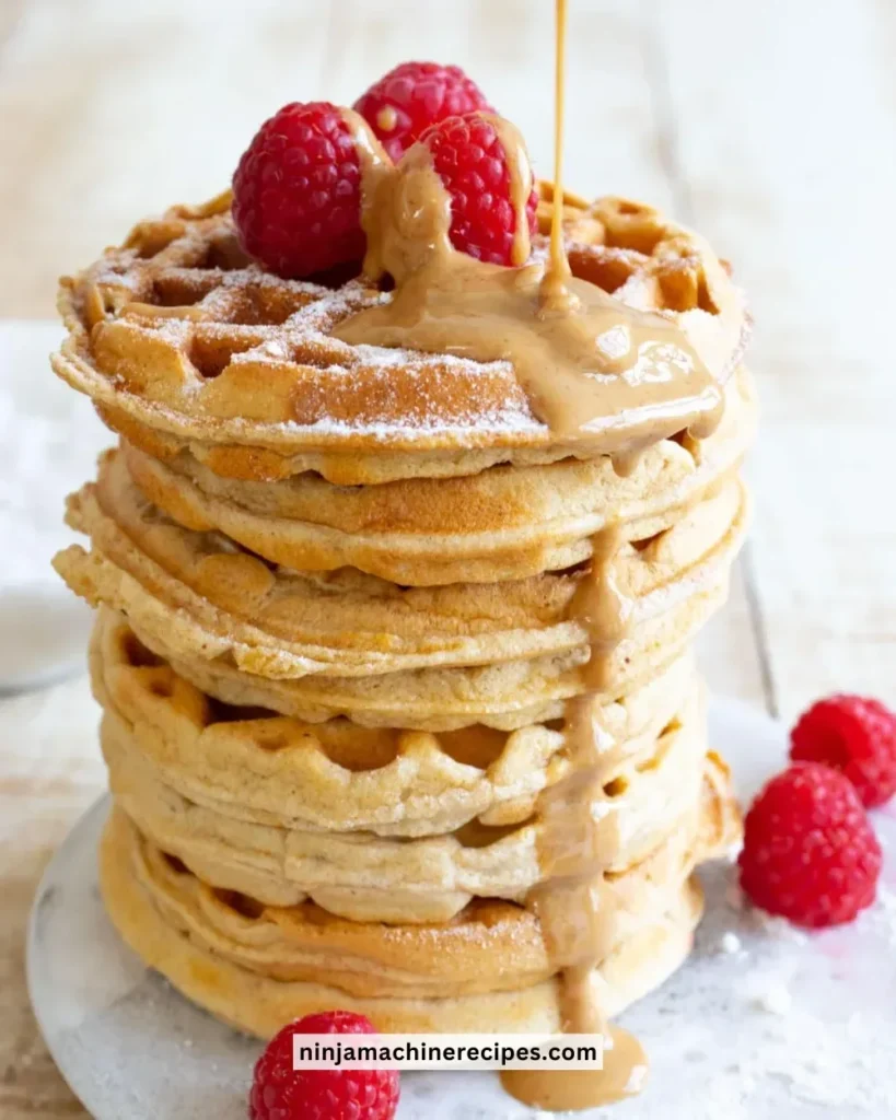 A stack of fluffy protein waffles topped with fresh fruits and syrup.