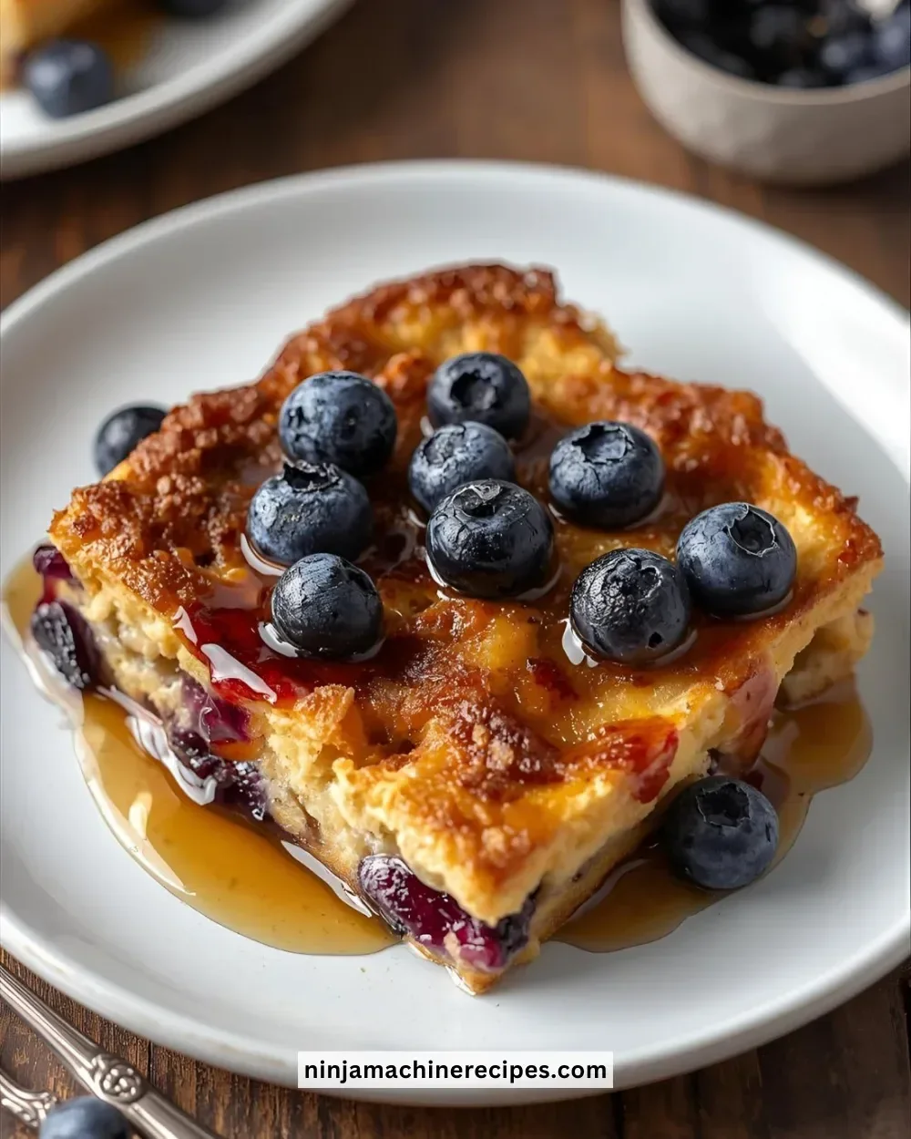 Blueberry French toast casserole topped with fresh blueberries and syrup