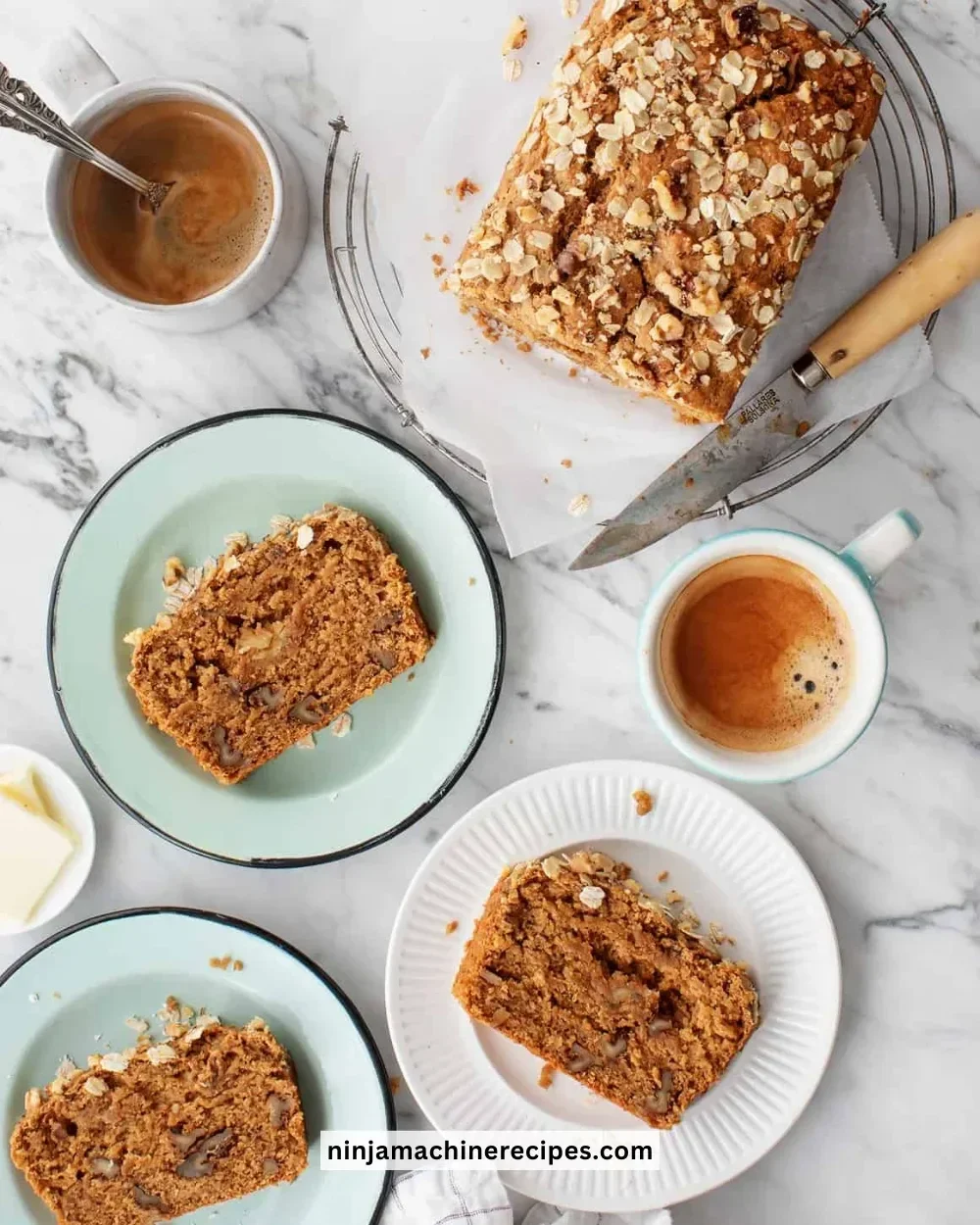 Delicious quick bread served for breakfast with butter and jam.