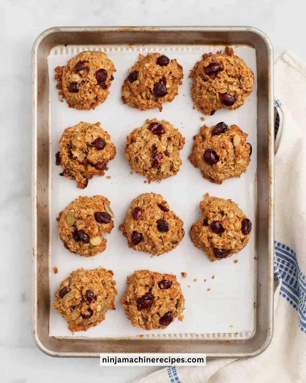 Plate of freshly baked quinoa breakfast cookies topped with nuts and chocolate chips.