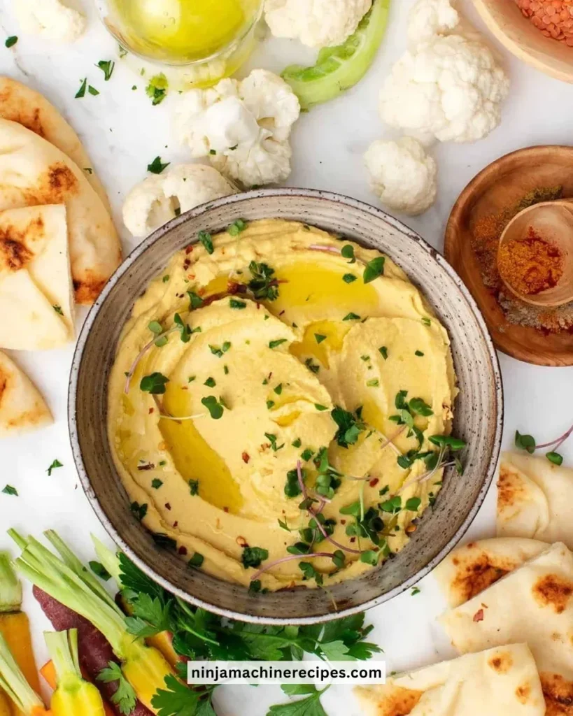 Bowl of creamy Red Lentil Hummus served with fresh vegetables.