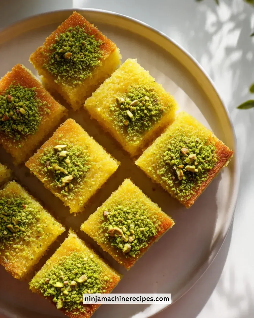 Revani dessert with pistachio filling on a decorative plate