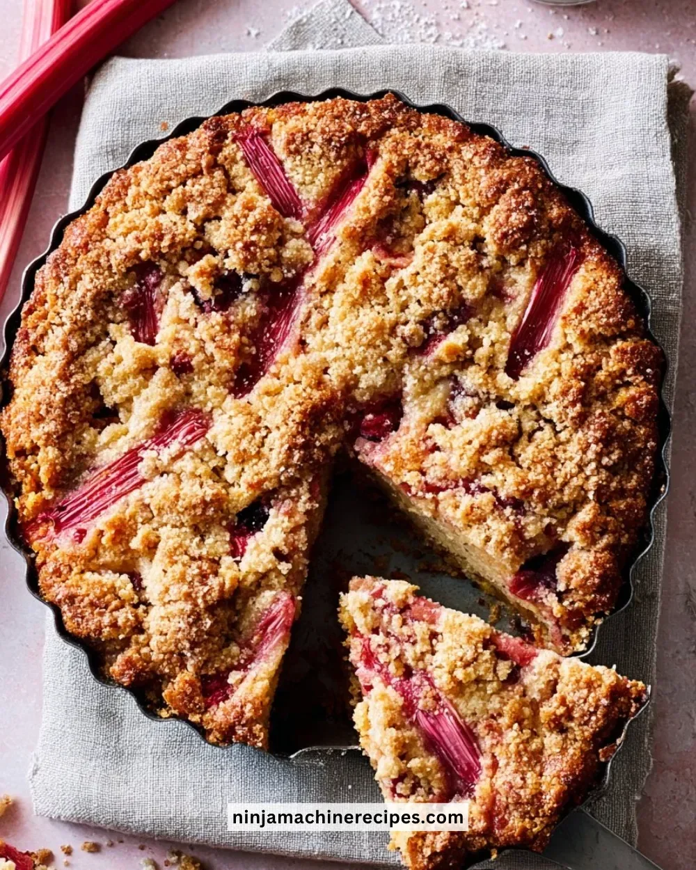 A slice of homemade Rhubarb Buckle dessert with fresh rhubarb on top.