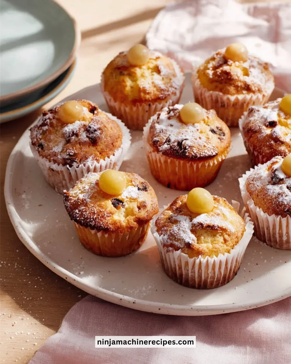 Delicious Simnel Muffins decorated with marzipan and dried fruit.