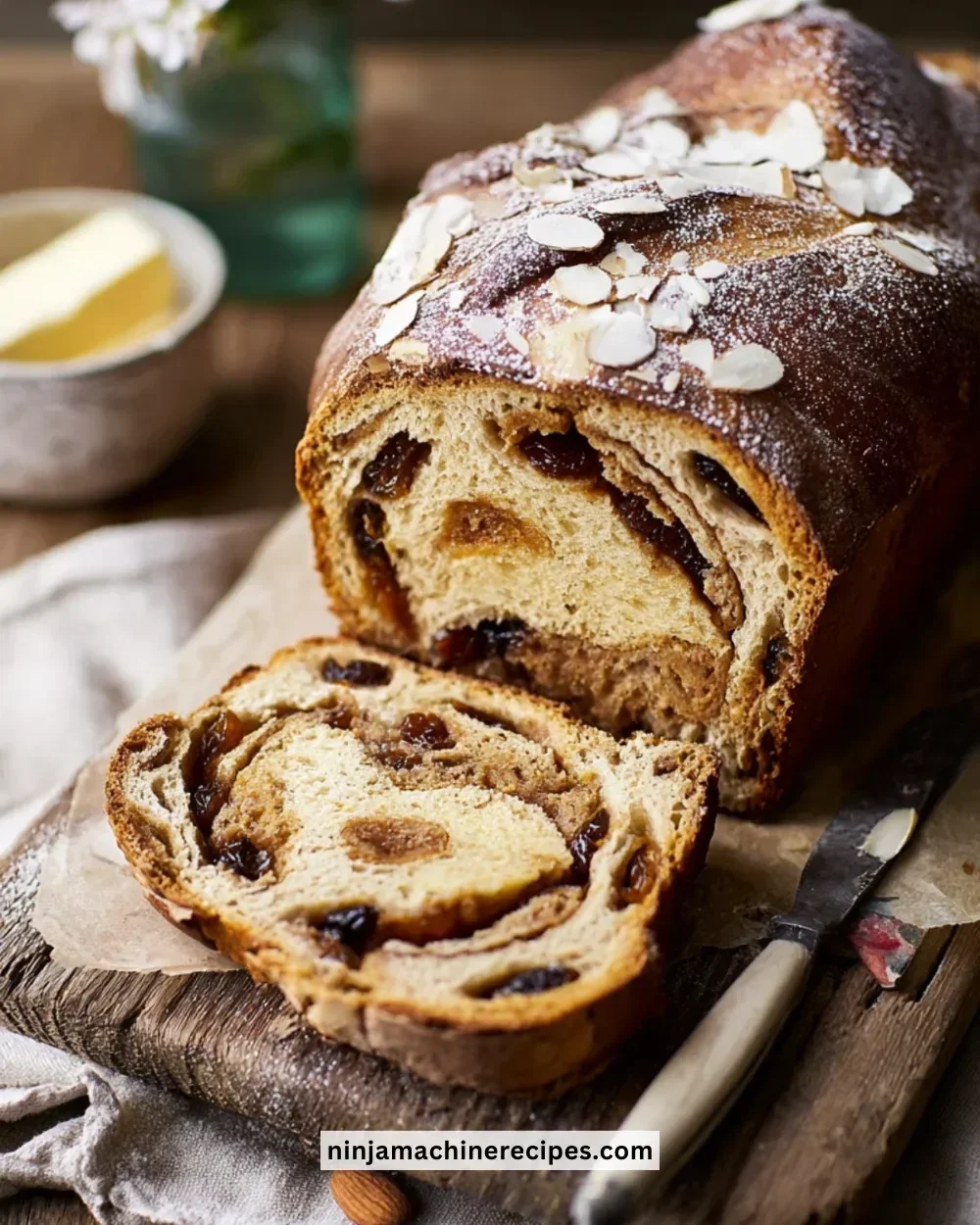 Simnel Spiced Breakfast Loaf with spices and dried fruits on a wooden table.
