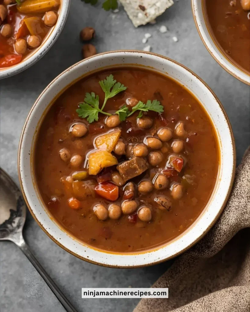 A bowl of Smoky Black Eyed Pea Soup garnished with herbs in a cozy setting
