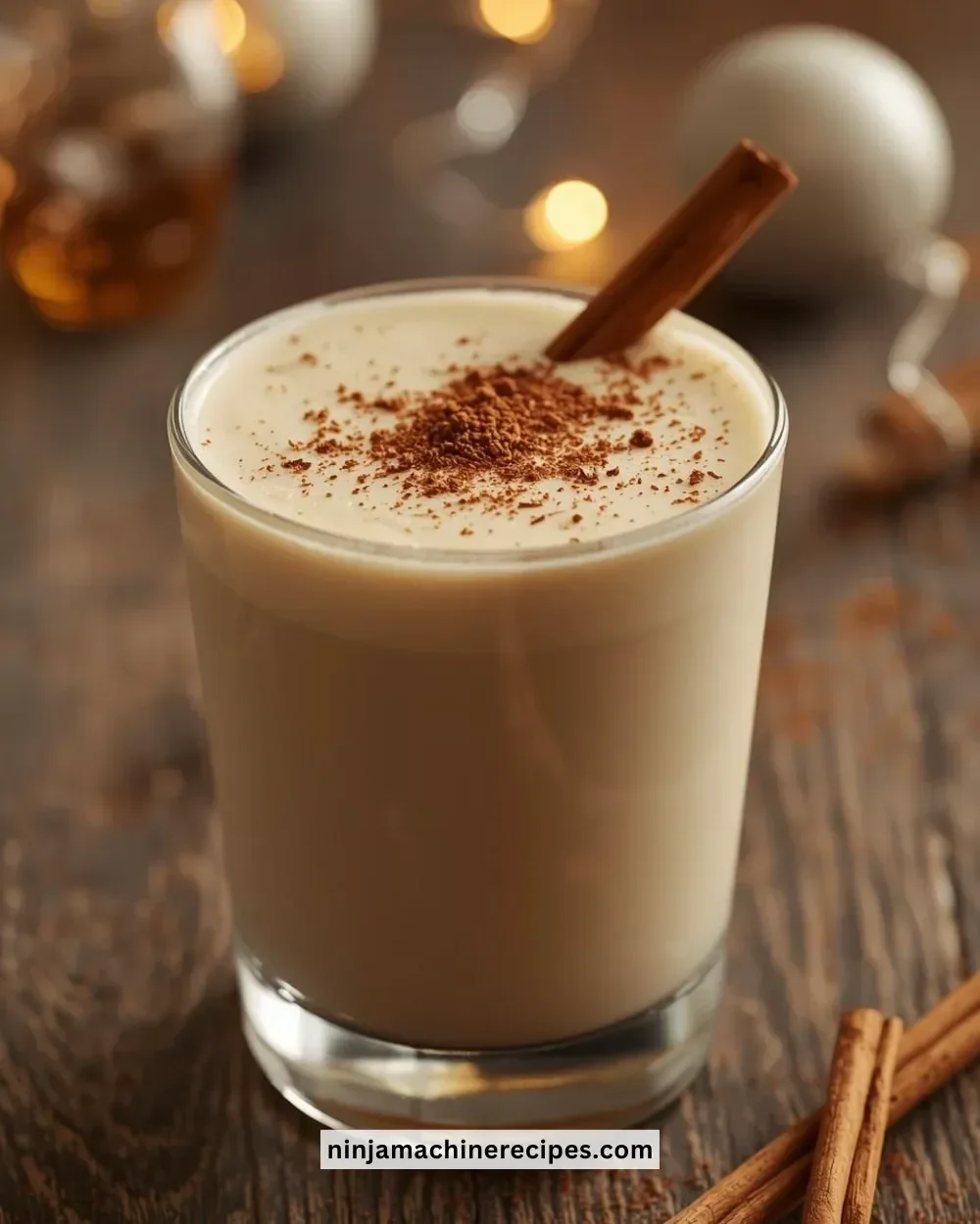 Delicious spiked eggnog with rum in a festive glass garnished with cinnamon.