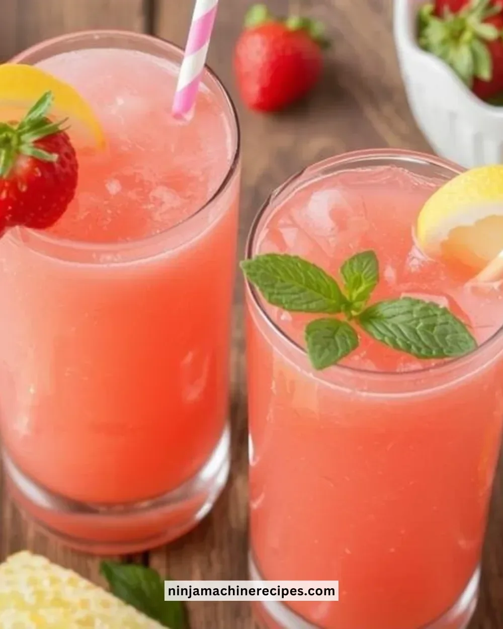 Refreshing strawberry lemonade slushies in a glass with ice and mint garnishes.