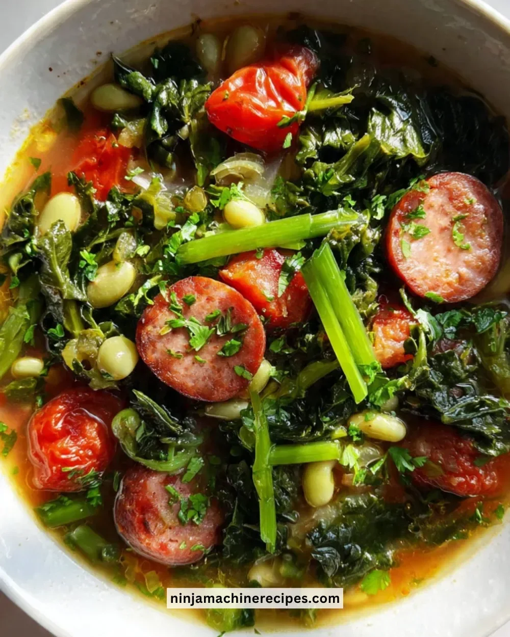 Bowl of swamp soup made with fresh vegetables and aromatic herbs