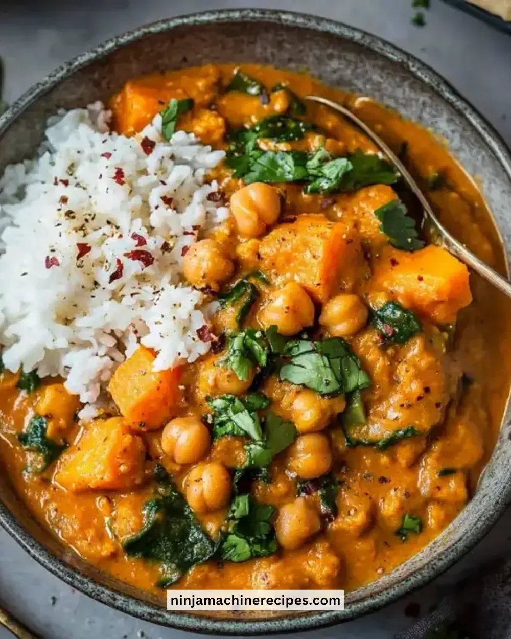 Bowl of sweet potato and chickpea curry garnished with fresh herbs and spices