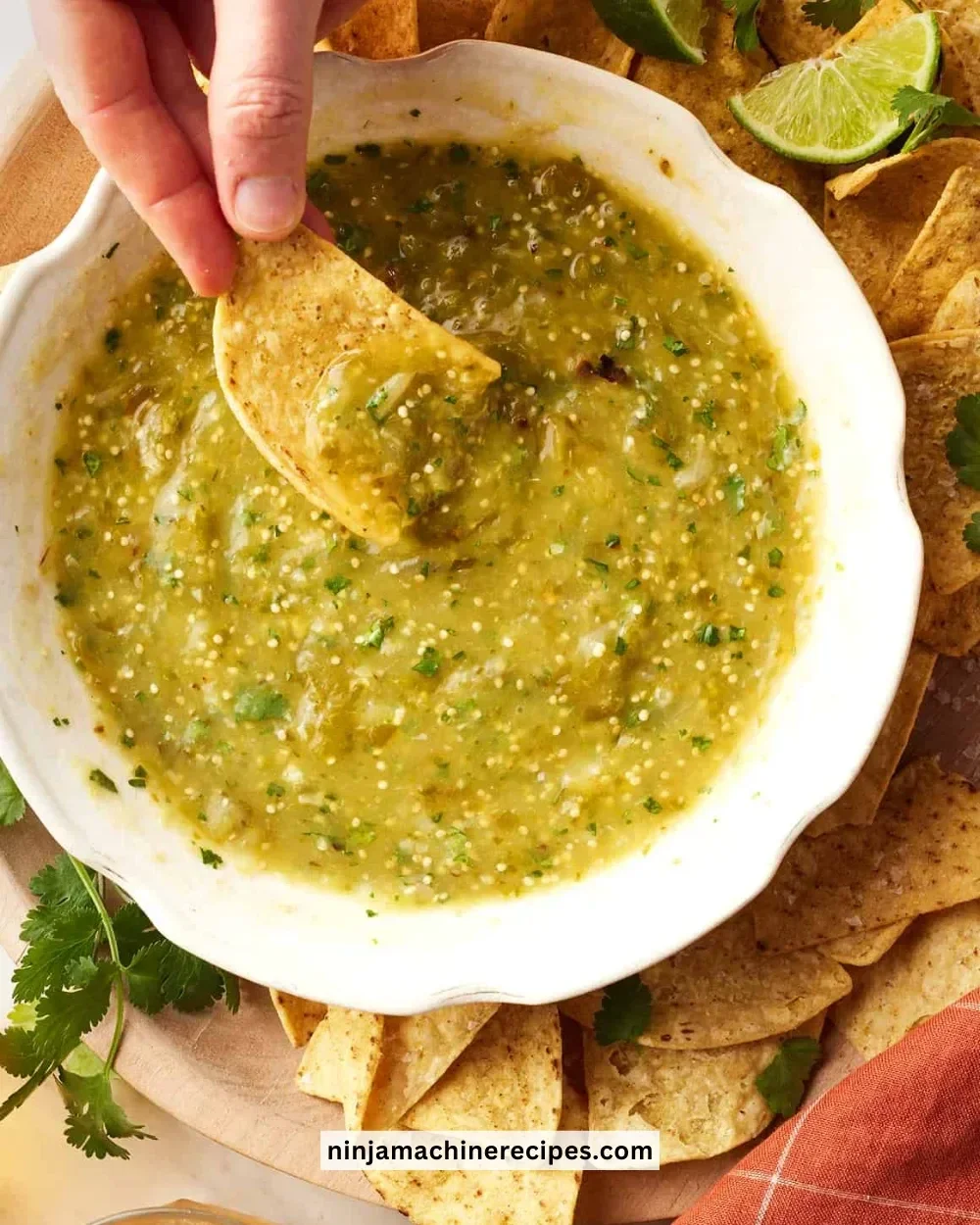 Freshly made tomatillo green sauce served in a bowl with cilantro garnish.