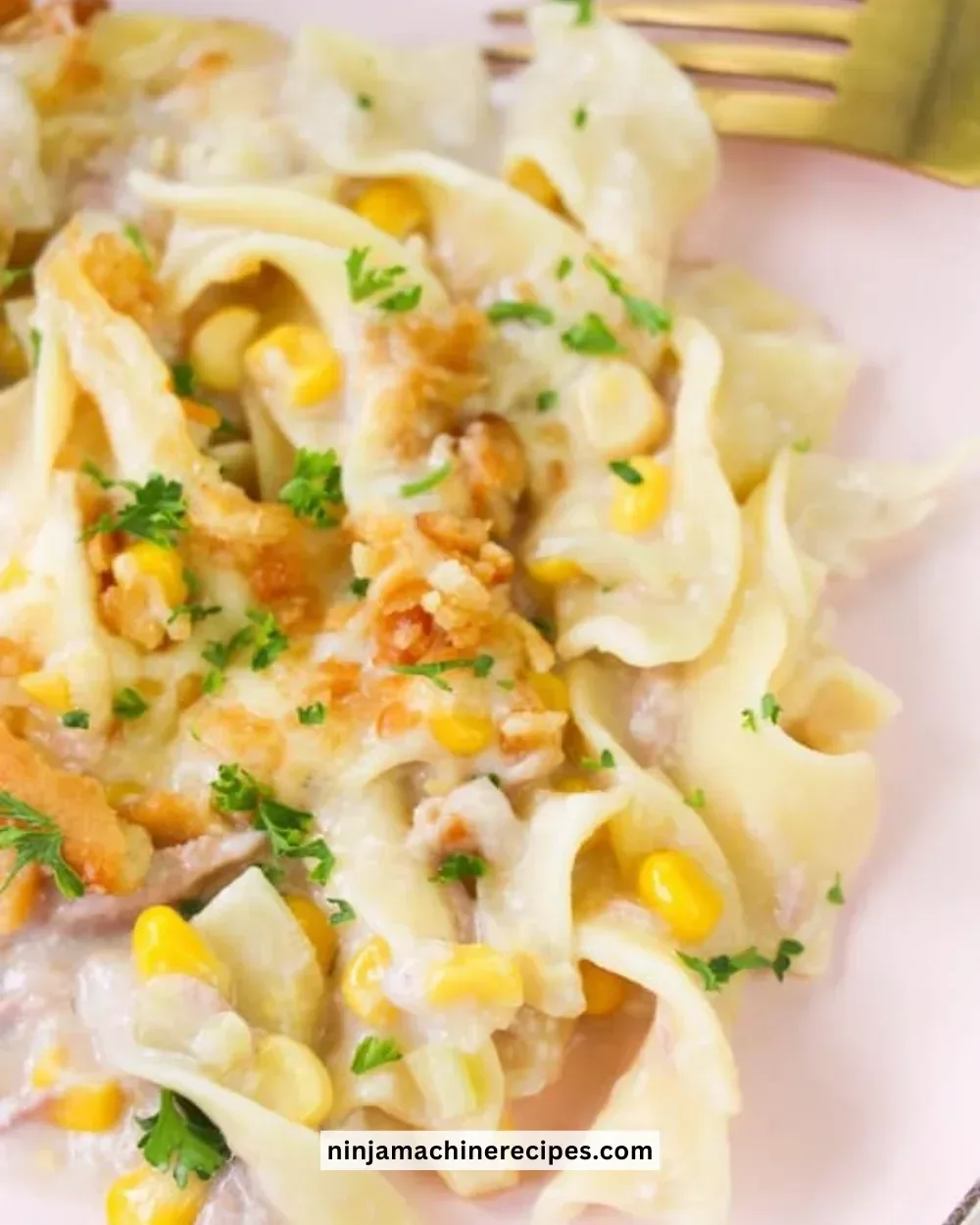 Creamy homemade tuna noodle casserole in a baking dish, ready to serve.