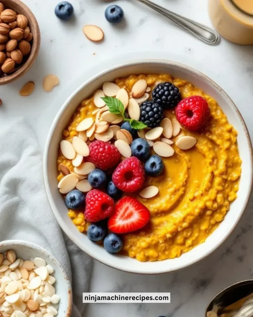 Bowl of turmeric oatmeal topped with almonds for a healthy breakfast