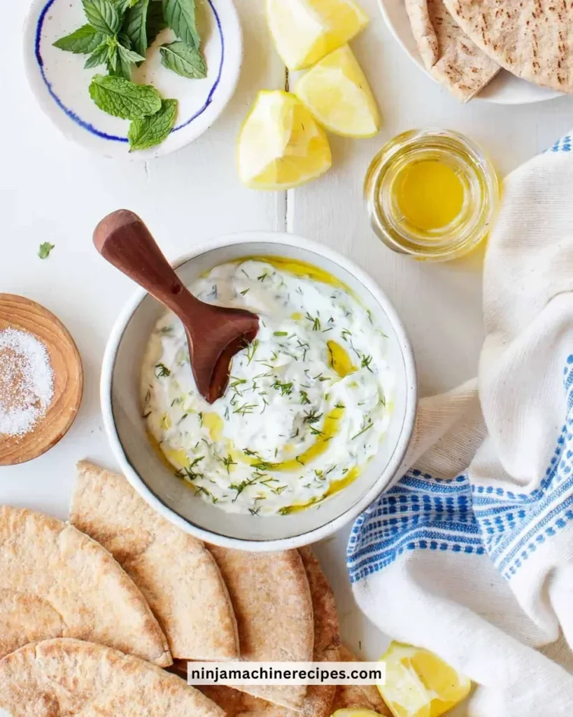 A bowl of creamy Tzatziki sauce garnished with cucumber and herbs