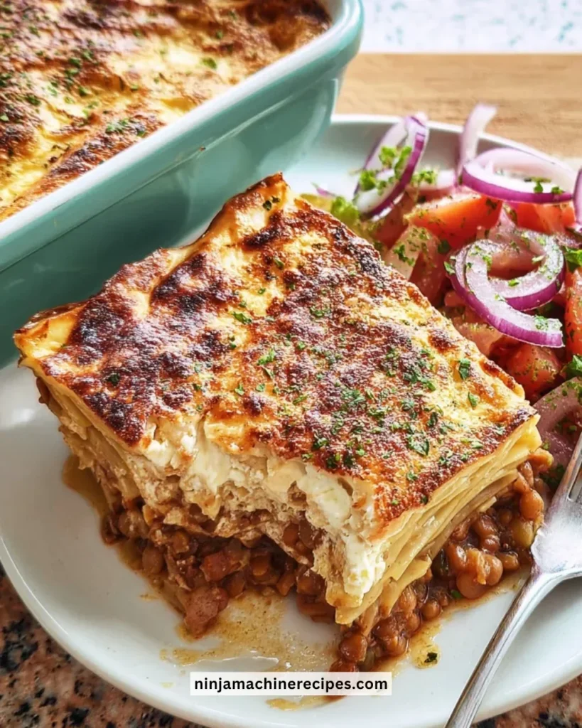 Delicious plate of vegetarian pastitsio with layers of pasta and rich sauce
