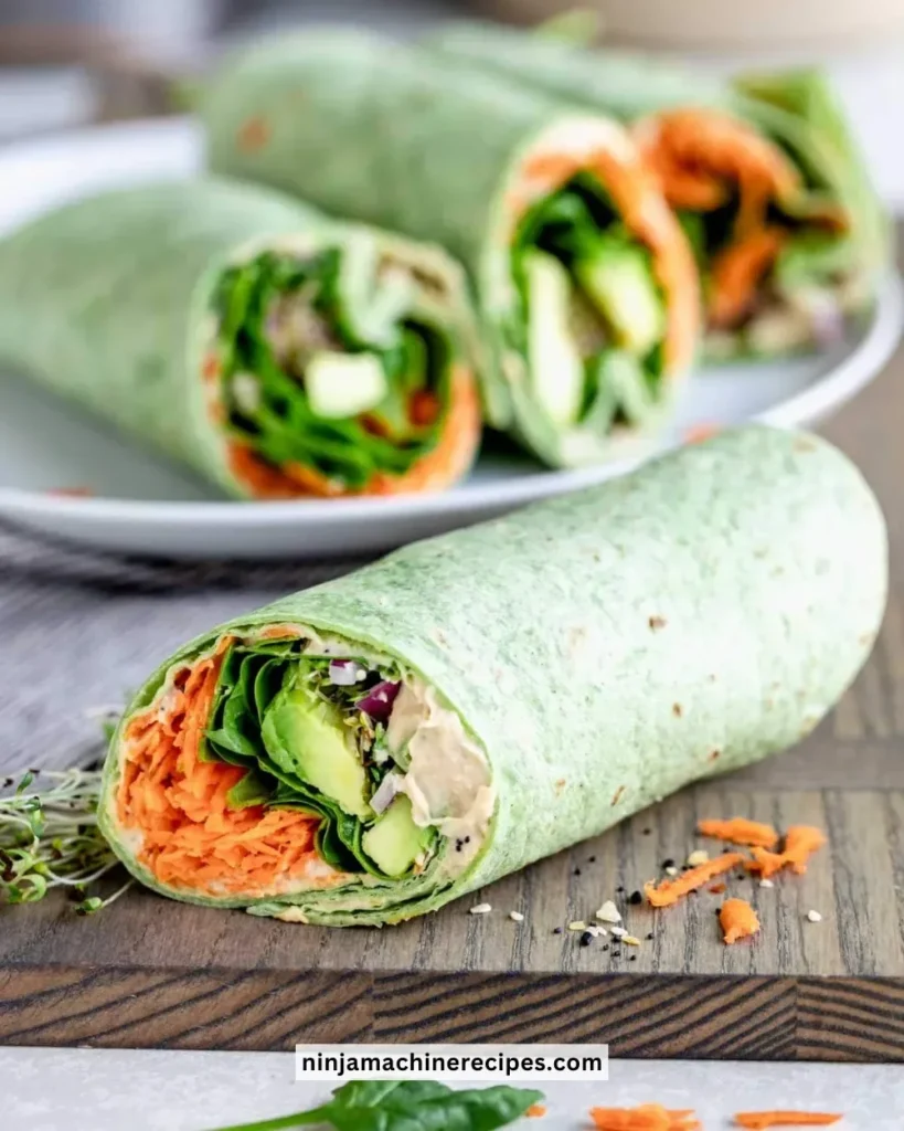 Veggie spinach wraps with hummus and colorful vegetables wrapped in spinach tortillas