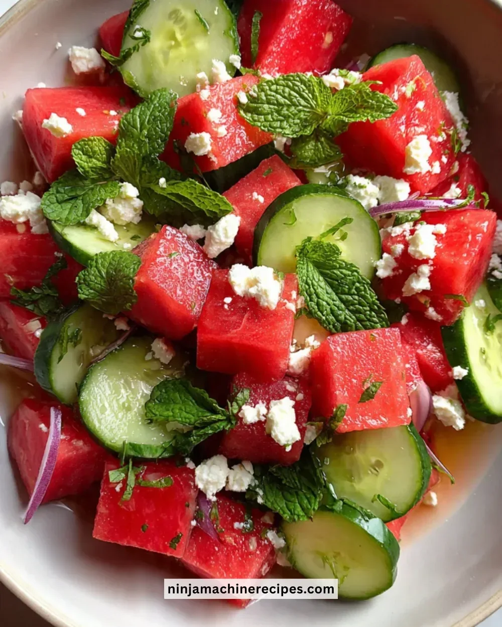 Fresh watermelon cucumber salad with mint and lime dressing