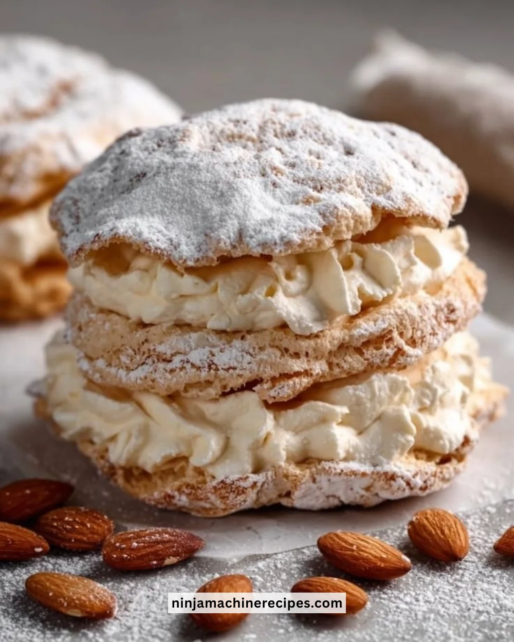 Delicious Almond Dacquoise Cream Clouds dessert with almond meringue