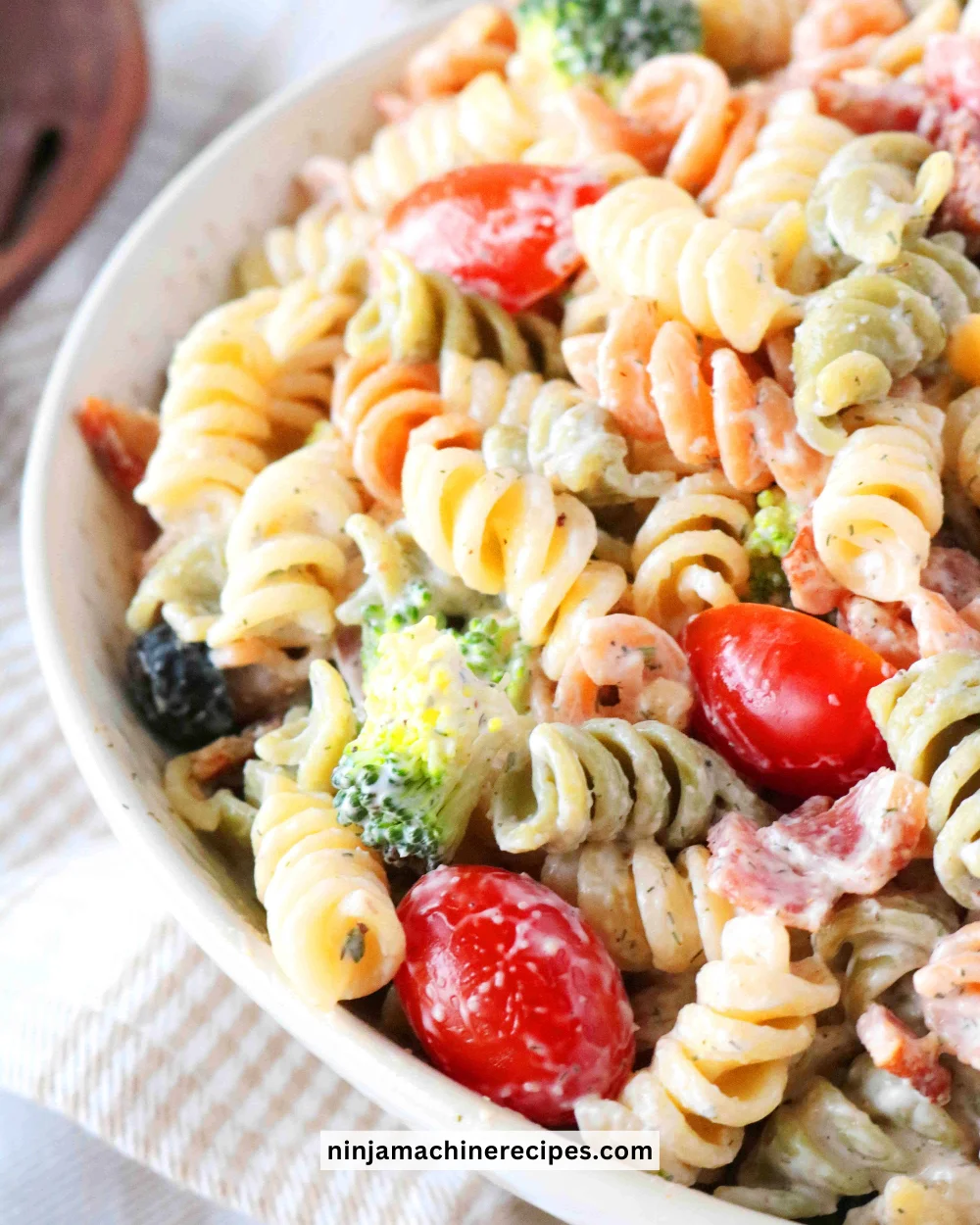 Bacon Ranch Pasta Salad with crispy bacon, ranch dressing, and colorful vegetables