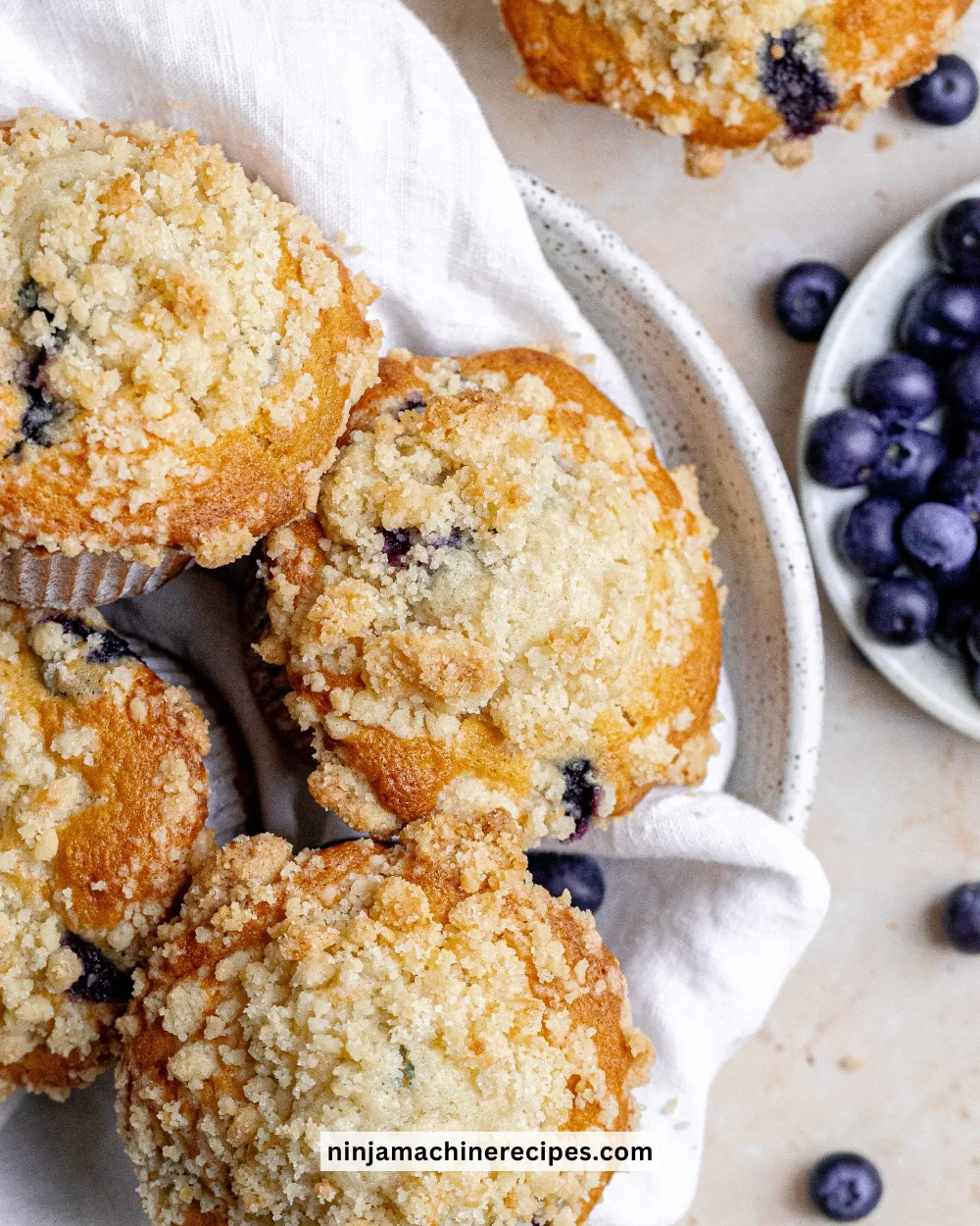 Freshly baked bakery style blueberry muffins with blueberries on top