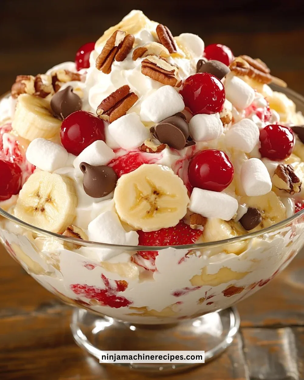 Delicious Banana Split Fluff Salad served in a bowl with bananas, whipped cream, and cherries.