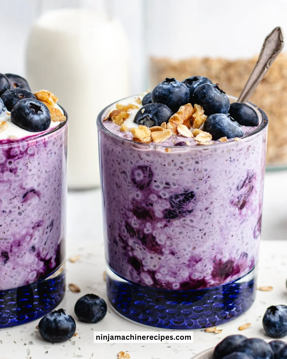 Bowl of blueberry overnight oats topped with fresh blueberries and almonds