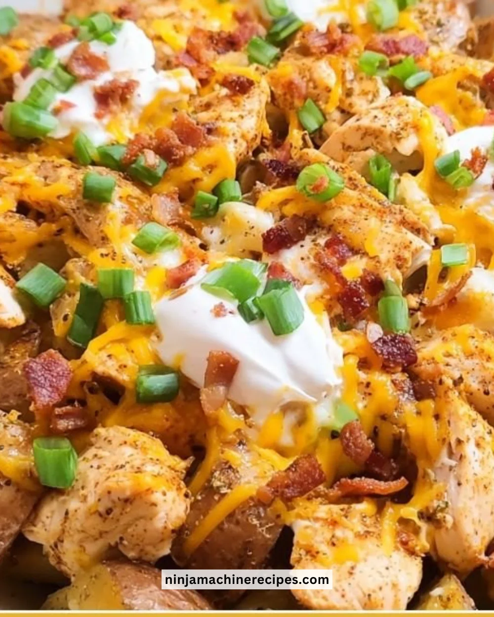 Cajun Chicken Loaded Potato Bake served in a dish, garnished and ready to enjoy.