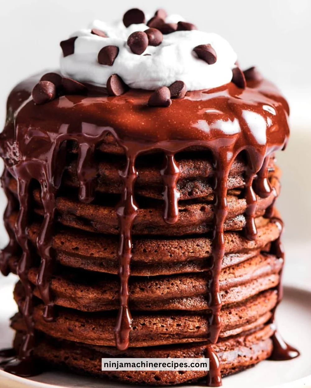 Delicious chocolate pancakes stacked and topped with syrup and strawberries.