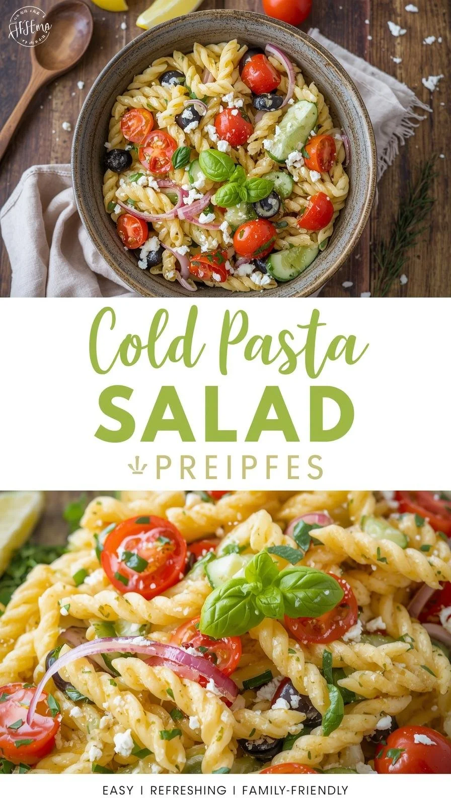 A vibrant and refreshing cold pasta salad with vegetables and dressing