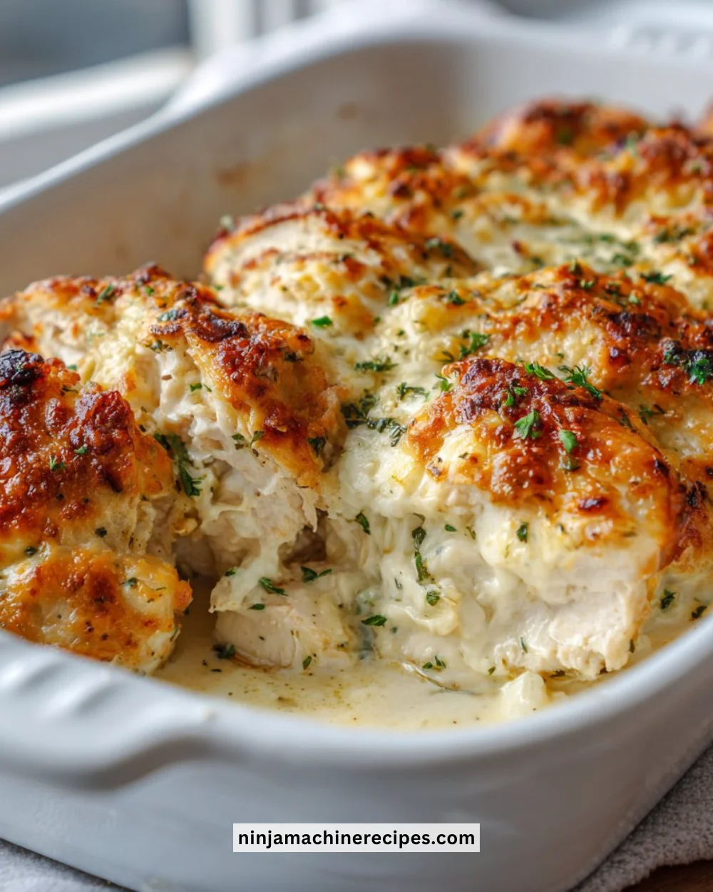 Creamy Cottage Cheese Chicken Bake topped with herbs and spices