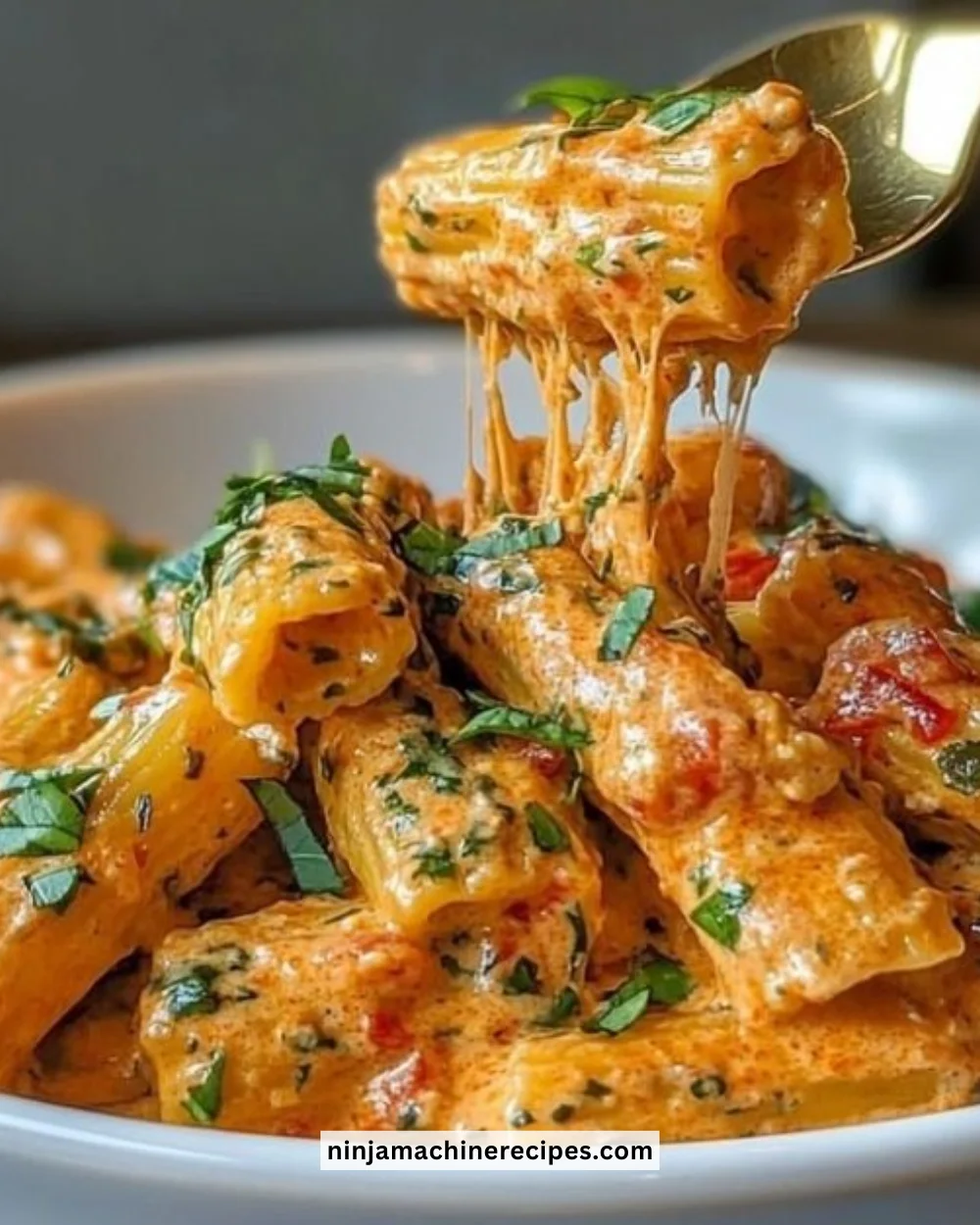 Serving of creamy tomato garlic pasta topped with fresh herbs
