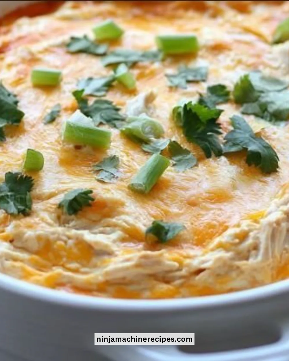 Crockpot creamy buffalo chicken dip in a serving bowl