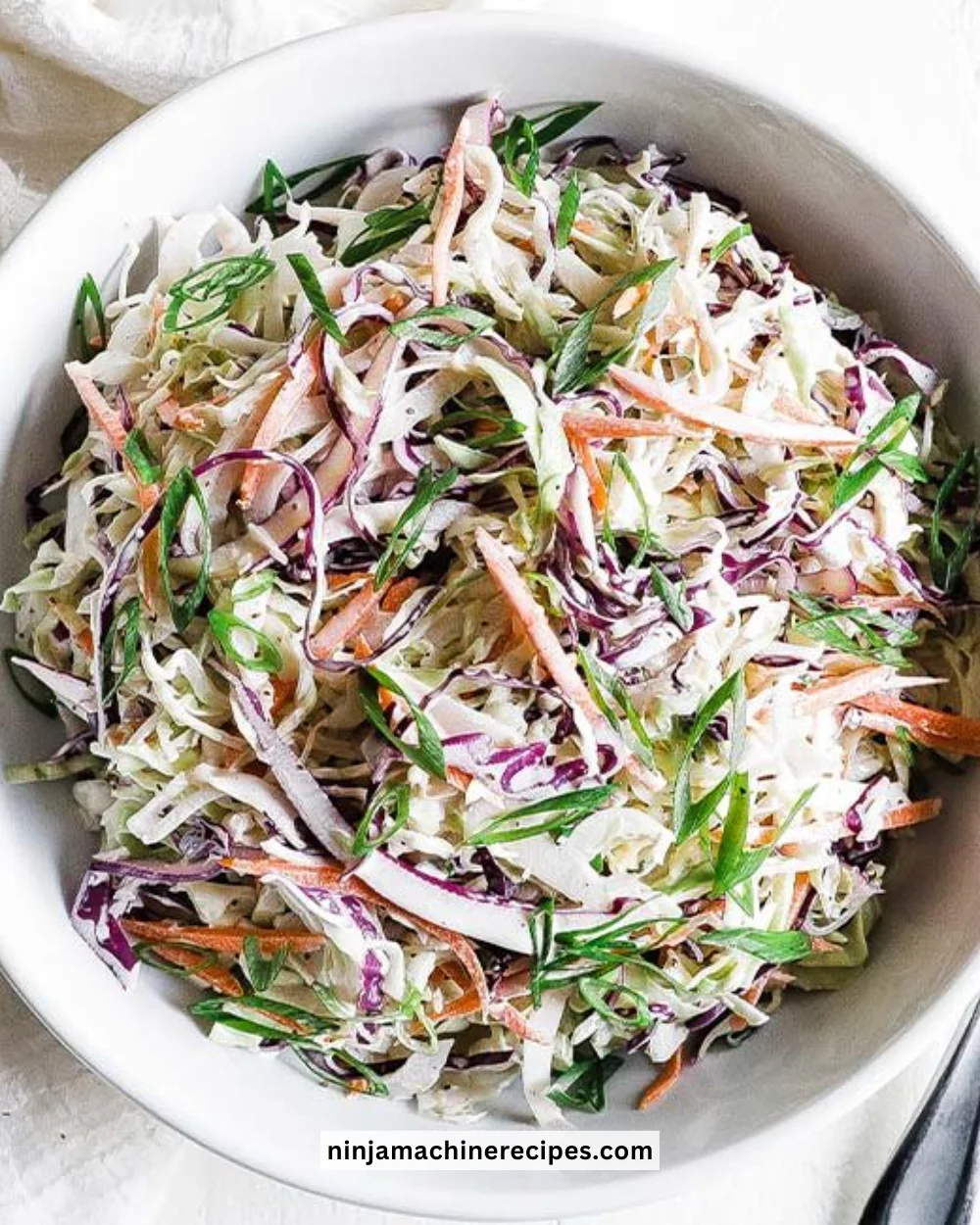 Bowl of easy coleslaw made with shredded cabbage and carrots